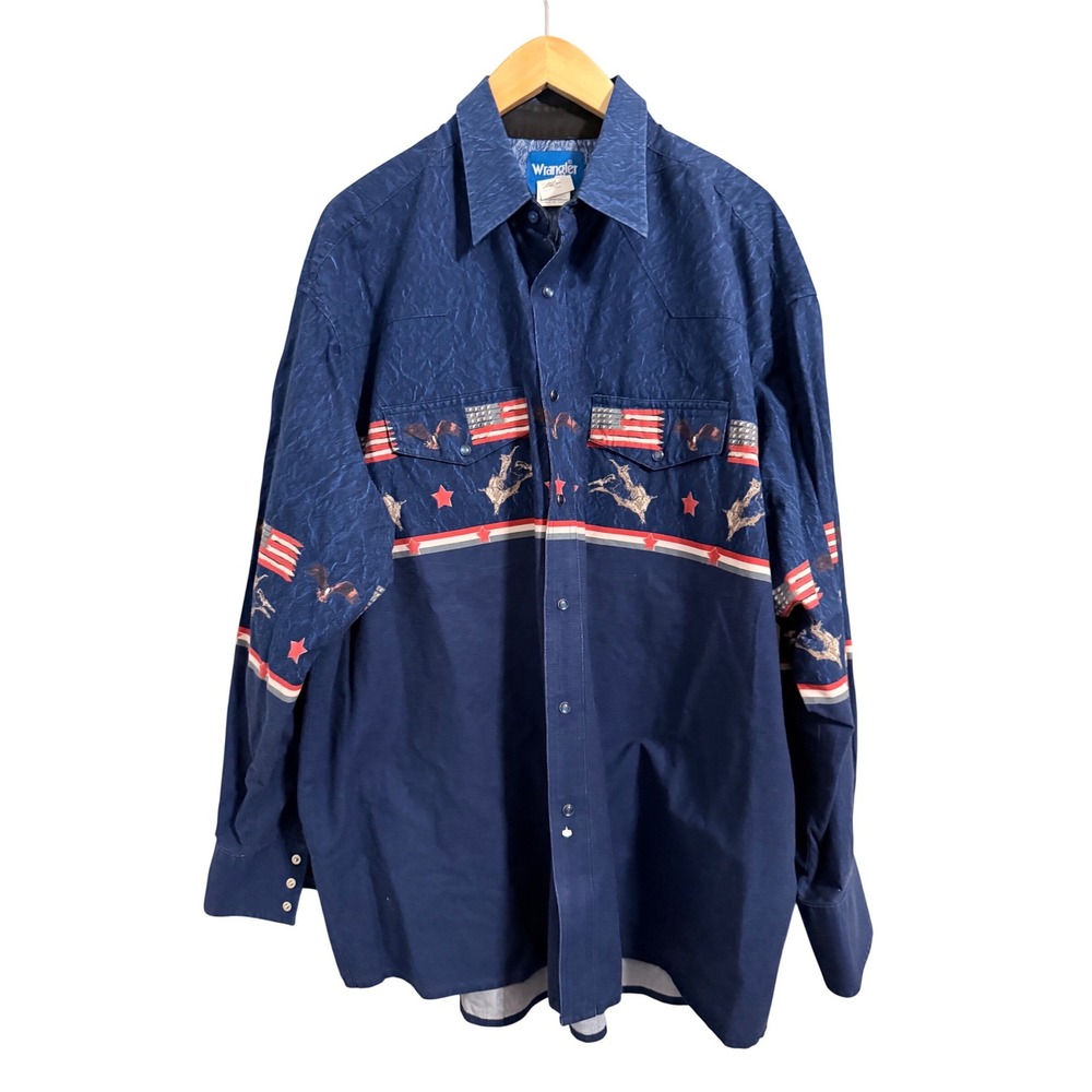 Vintage Wrangler Western Shirt Mens XXL Blue Patriotic Flag Eagle Bronco‎ Snap